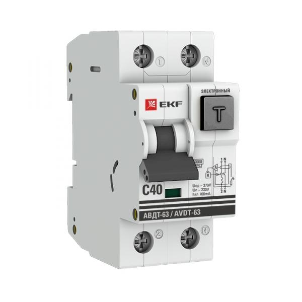 Дифференциальный автомат  2П  40А  100мА  EKF  PROxima  АВДТ-63  40А/100мА тип А  характеристика С  6кА  электро-механический